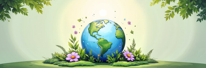 Naklejka premium Earth surrounded by greenery and flowers in sunlight 