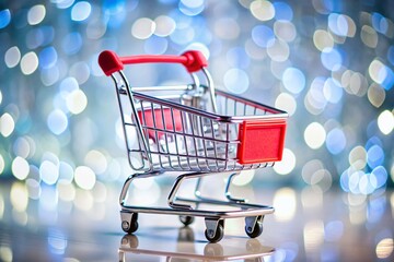 Red Shopping Cart Isolated on White Background with Bokeh Effect