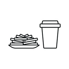 Drink and fried fries set food icon in flat style, featuring a refreshing beverage in a cup with a straw and a crispy serving of golden french fries.