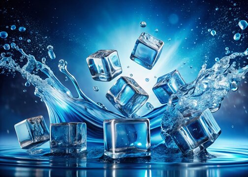 Refreshing adaptability: Floating ice cubes in a serene blue backdrop with water splashes