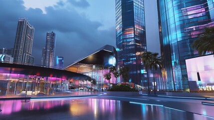 Obraz premium Nighttime urban cityscape with towering glass buildings and vibrant neon lights reflecting