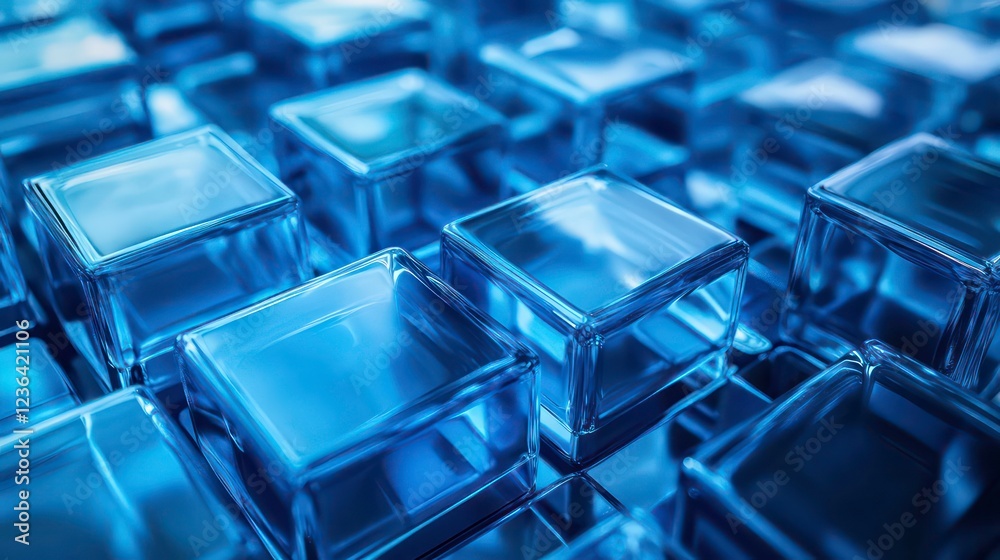 Poster abstract background of many translucent blue cubes.