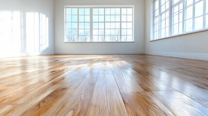 Fototapeta premium Sunny room, hardwood floor, large windows, empty space, home staging