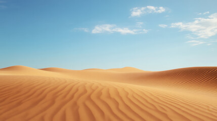 Endless golden sand dunes under clear blue sky create serene desert landscape. gentle curves and patterns of sand evoke sense of tranquility and vastness