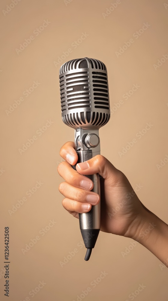 Poster hand gripping a classic microphone, ready to capture voice or music in a studio or live performance 