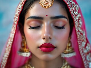 Traditional South Asian bride with red lipstick, maang tikka, mangal sutra, nose ring, and earrings, wearing bridal makeup and traditional attire.