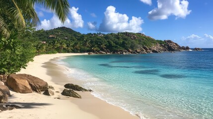 Fototapeta premium Tropical Island Beach with Palm Trees and Pristine Blue Waters