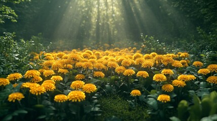 Fototapeta premium In the forest, there is an endless sea of yellow dandelions blooming in full bloom. The sun shines through and illuminates the flowers. 