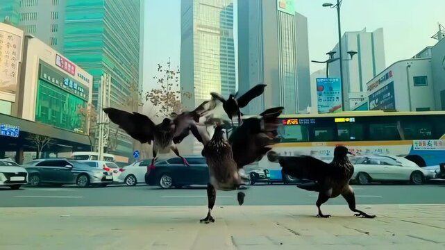 Funny Pigeons Dancing On City Street Corner With Traffic Passing By