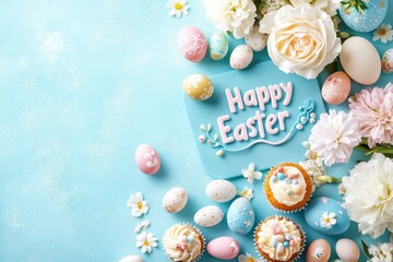 Happy easter celebration with colorful eggs and cupcakes on light blue background