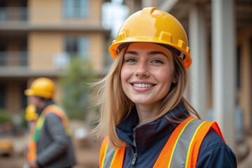 young woman in construction site wearing hard hat reflective vest