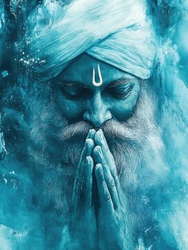 Gurudev meditating, hands clasped, eyes closed, blue background, tranquility, spirituality, faith, serenity