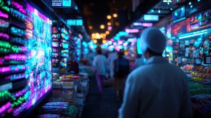 Vibrant Market Scene with Colorful Digital Displays at Night