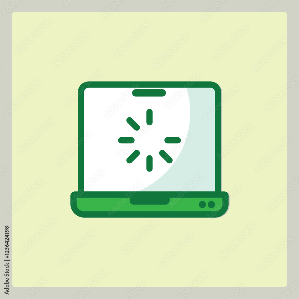 Poster green laptop icon with loading spinner symbolizing digital processing and system operations