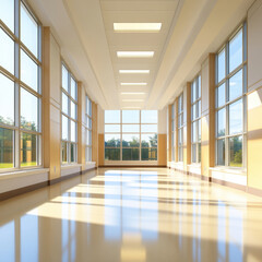 Fototapeta premium Bright and spacious modern hospital interior featuring large windows, natural light, and clean floor. design emphasizes openness and tranquility, ideal for healing environments