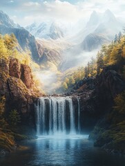 Fototapeta premium Waterfall in the mountains, beautiful natural scenery, fantasy landscape.