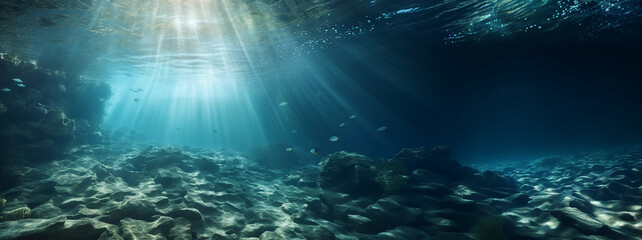 Underwater background, ocean or sea surface seen from under water. Rays of light, abstract marine backdrop. Nature landscape, beams blurred