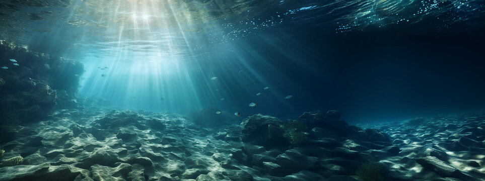 Underwater background, ocean or sea surface seen from under water. Rays of light, abstract marine backdrop. Nature landscape, beams blurred