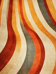 An eye-catching, hand-drawn carpet pattern with flowing lines and curves in red, orange, yellow, beige, gray, and white.