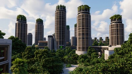 Obraz premium Modern Urban Eco Architecture with Lush Greenery and Skyscrapers