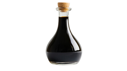 Glass bottle containing balsamic vinegar of modena with cork on transparent background