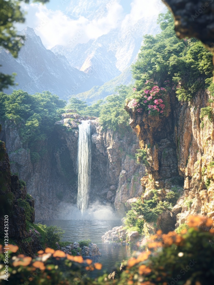 Wall mural Waterfall in the mountains, beautiful natural scenery, fantasy landscape.