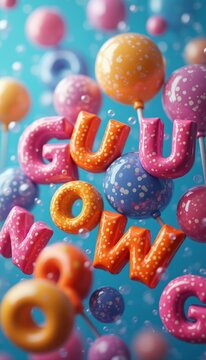 A whimsical arrangement of bold, 3D letters spelling GUU NOW is surrounded by cheerful, colorful spheres, creating a fun and lively atmosphere. The playful design, enhanced by bubbles and a bright