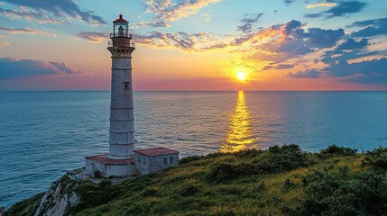 Fototapeta premium Lighthouse at sunset on a grassy cliff overlooking the ocean