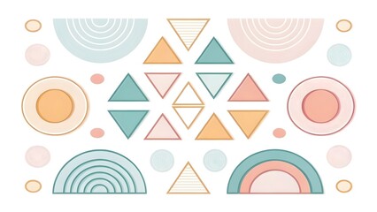 A clean and elegant design featuring soft pastel-colored geometric shapes such as circles, triangles, and rectangles arranged in a balanced, harmonious pattern with subtle gradients.