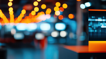 Fototapeta premium Bright radio studio with blurred lights and modern technology, creating vibrant atmosphere for broadcasting. warm orange tones enhance creative environment