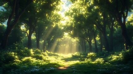 Obraz premium Sunbeams illuminate a path through a lush green forest.