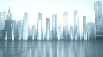 futuristic cityscape with tall, sleek skyscrapers reflecting glossy surface, creating modern and minimalistic urban environment. scene is bathed soft, cool tones, evoking sense of innovation and