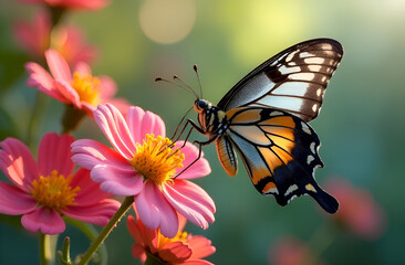 Obraz premium Natural composition with flowers and butterflies, template, postcard. Selective focus, blurred background.