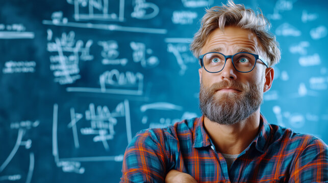 A man with glasses and a beard reflects thoughtfully while standing in front of a chalkboard covered in complex equations and graphs in a study environment