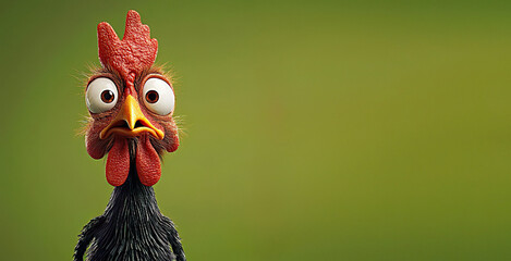 comic Funny rooster face with googly eyes on green background. Banner with copy space