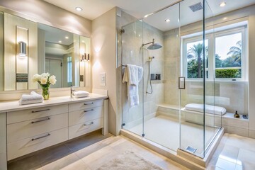 Serene Bathroom Retreat with White Shower and Minimalist Decor