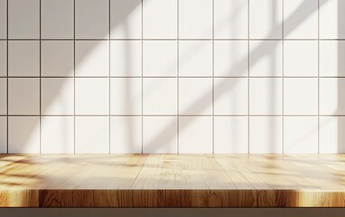 Wooden kitchen counter with beige ceramic tiles, mock-up background, front view. 3D rendering illustration. Space for product display montage, e-commerce banner. 