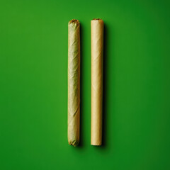 Rolled cannabis joints on green background, showcasing different wrapping styles. image captures essence of cannabis culture and relaxation