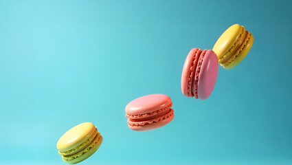 Obraz premium Colorful macaroons or macarons falling or flying over blue background. Cookies macaroons close-up. Selective focus, shallow depth of field, blurred background.