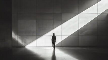 A man stands in a large, empty room with a single light shining on him
