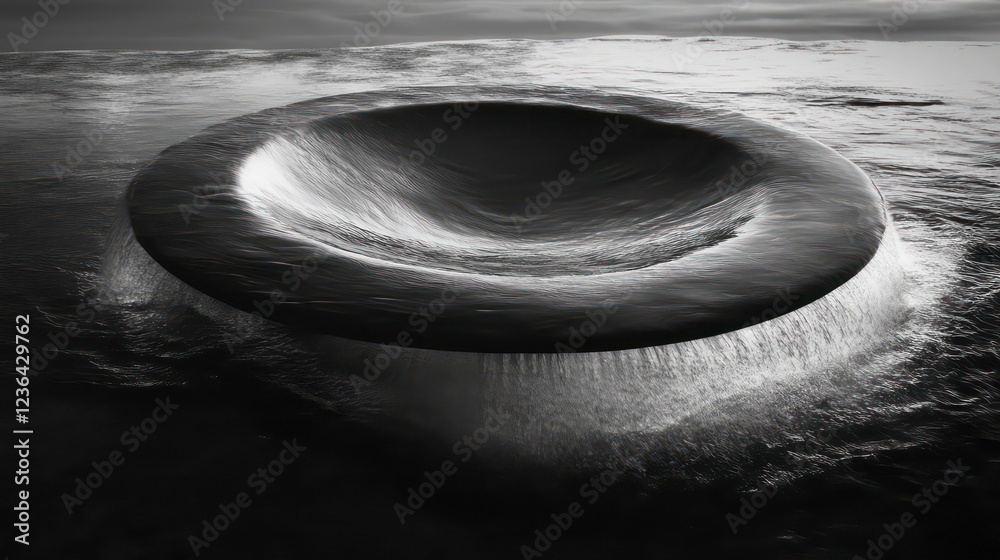 Poster Monochromatic aerial view of a large, disc-shaped object hovering above water, with water cascading from its edges.