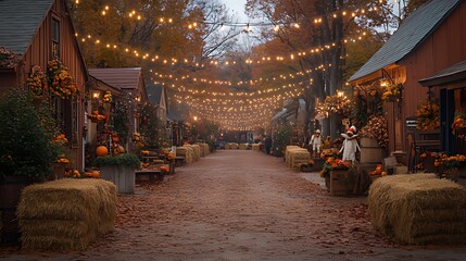 Obraz premium Autumn Village Street, Lights, Fall Festival, Hay Bales, Decorations