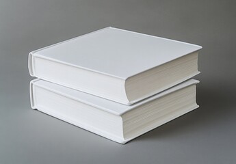 Two blank white books stacked on a gray background.