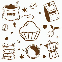 Vector doodle set for a coffee shop: cups, coffee beans, coffee pot, bag of coffee, bag of coffee, cookies with chocolate, cake