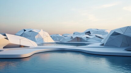 Modern Geometric Landscape with White Structures and Calm Water