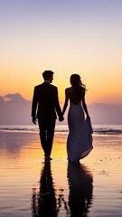 Fototapeta premium Beach sunset romance couple holding hands tropical destination silhouette tranquil vibe love story