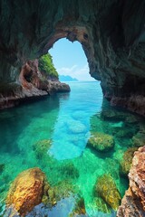 Fototapeta premium Exploring a stunning sea cave with crystal clear waters in a tropical paradise