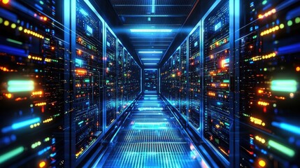 Fototapeta premium Detailed 3D illustration of a server room showcasing advanced telecommunication equipment.