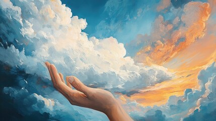 Hand reaching for clouds, sunset sky, hope, faith, spiritual, religious art, website, banner