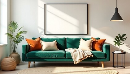 Modern Interior Design Frame Mockup Featuring a Living Room Wall Poster, Set Against a Stylish House Background